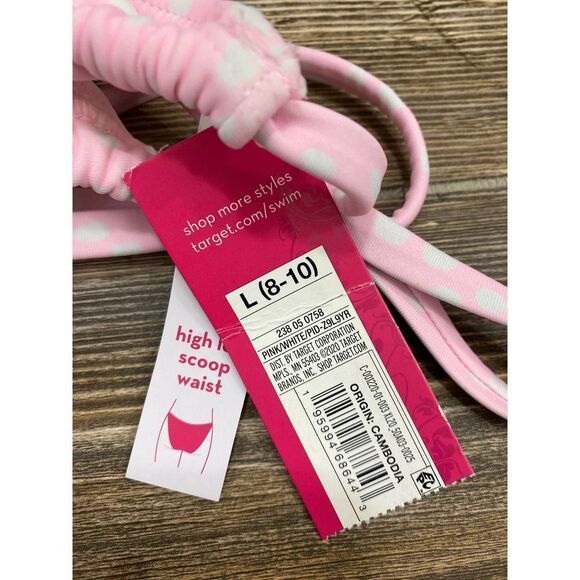 Target Xhilaration pink polka dot Shirred Side-Tie High Leg Scoop Bikini Bottom - Picture 6 of 7